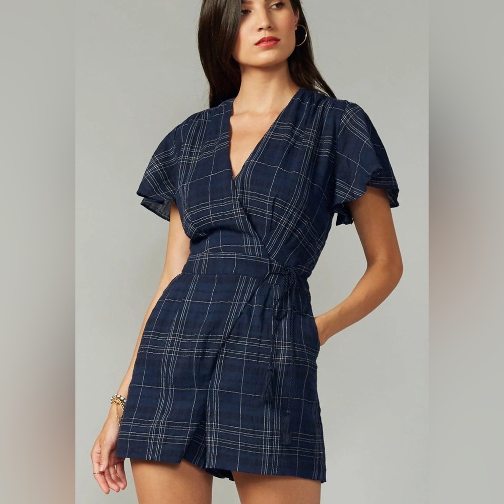 Anthropologie x Greylin Navy Blue Plaid Romper, Small